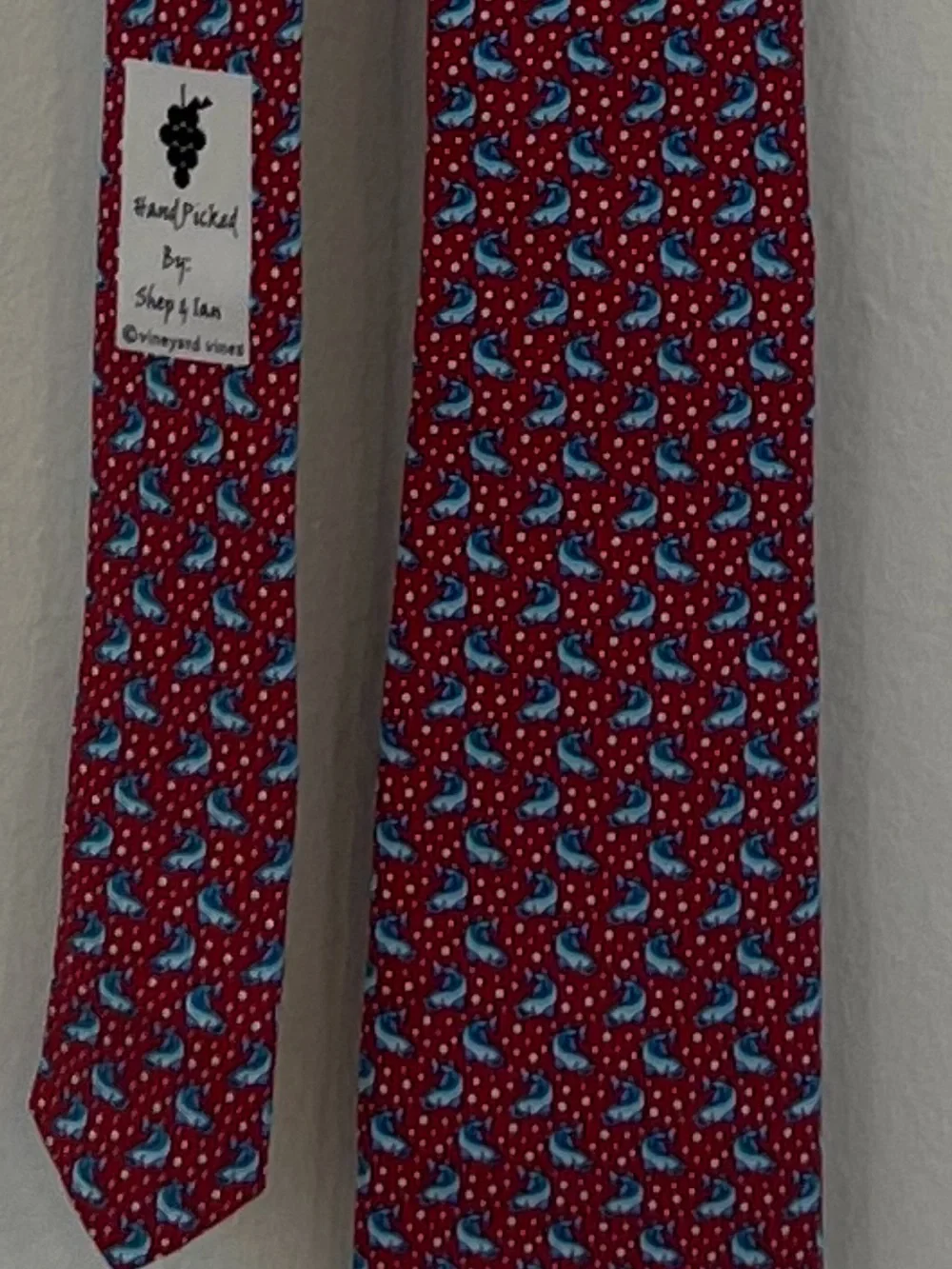 Vineyard Vines Red Tie with Blue fish bass Pattern silk